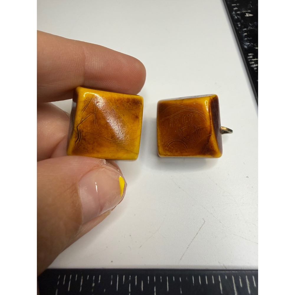 Vintage Marbled Butterscotch Amber Resin Square Clip On Earrings Mid Century
